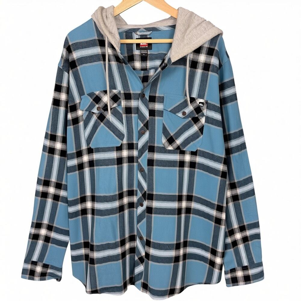 Quicksilver Hooded Sandbar Blue Flannel Button Up Shirt Mens Large Streetwear